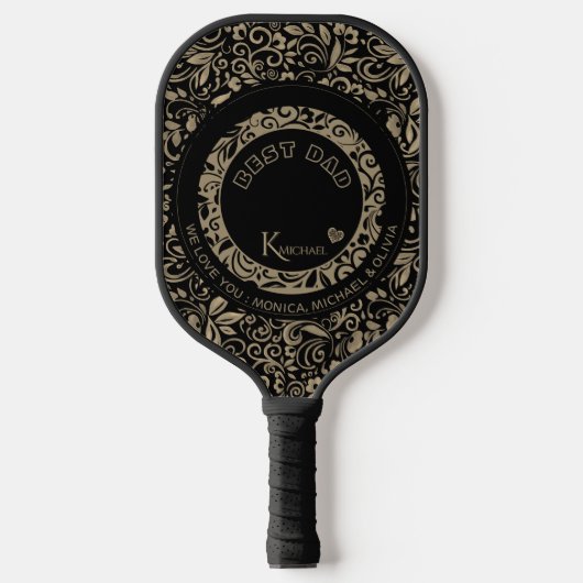 Gepersonaliseerd zwart goud bloemmotief pickleball paddle (Voorkant)