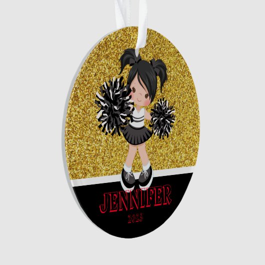 Gepersonaliseerd Zwart & Goud Cheerleading Ornamen Ornament (voorkant)
