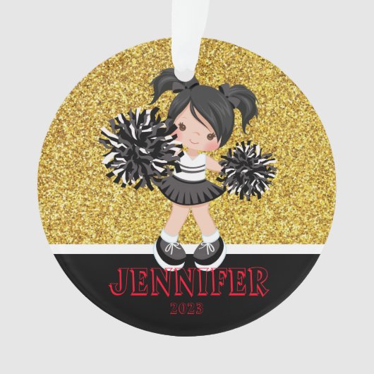 Gepersonaliseerd Zwart & Goud Cheerleading Ornamen Ornament (voorkant)