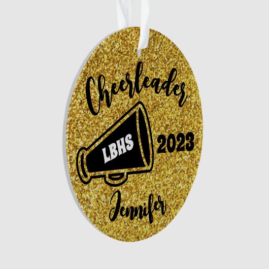 Gepersonaliseerd Zwart & Goud Cheerleading Ornamen Ornament (voorkant)