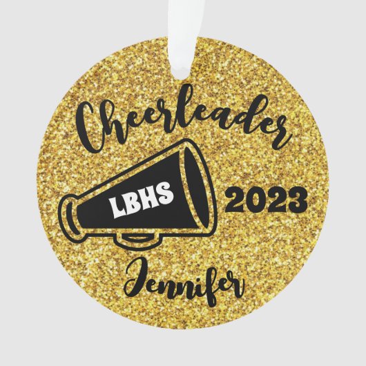 Gepersonaliseerd Zwart & Goud Cheerleading Ornamen Ornament (voorkant)