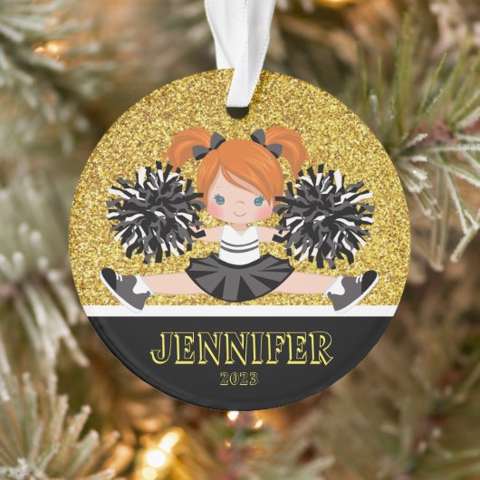 Gepersonaliseerd Zwart & Goud Cheerleading Ornamen Ornament (Boom)
