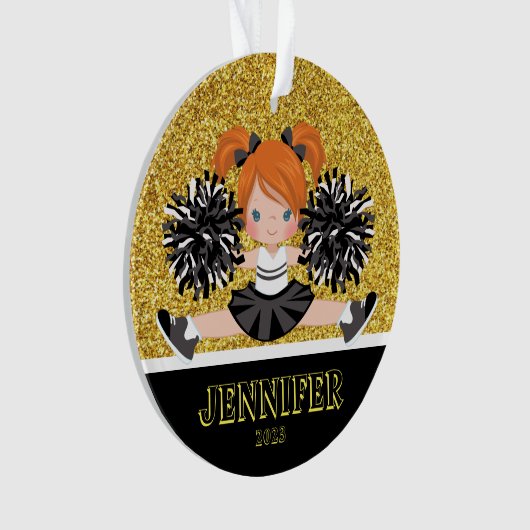 Gepersonaliseerd Zwart & Goud Cheerleading Ornamen Ornament (voorkant)