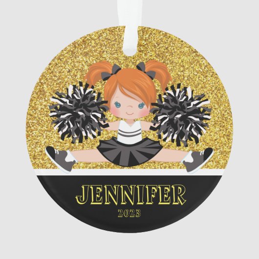 Gepersonaliseerd Zwart & Goud Cheerleading Ornamen Ornament (achterkant)