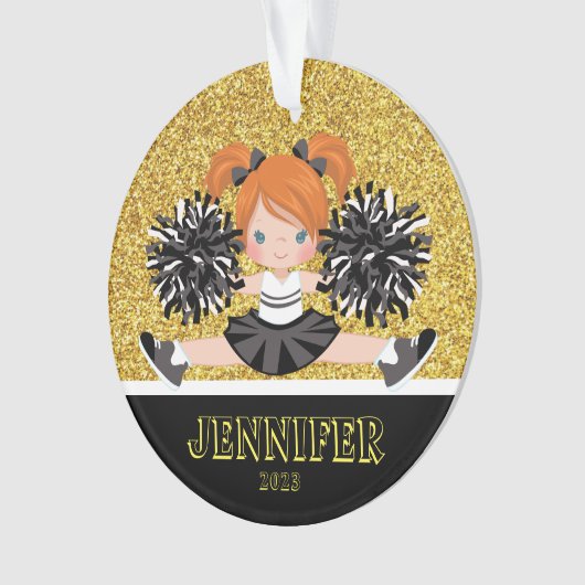 Gepersonaliseerd Zwart & Goud Cheerleading Ornamen Ornament (voorkant)