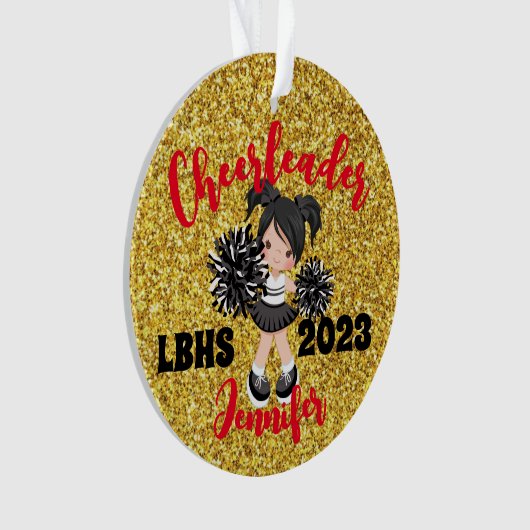 Gepersonaliseerd Zwart & Goud Cheerleading Ornamen Ornament (voorkant)