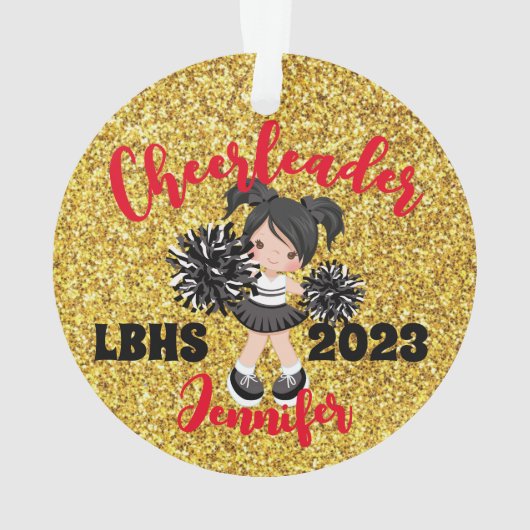 Gepersonaliseerd Zwart & Goud Cheerleading Ornamen Ornament (achterkant)