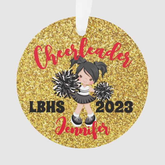 Gepersonaliseerd Zwart & Goud Cheerleading Ornamen Ornament (voorkant)