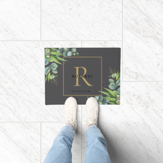 Gepersonaliseerd zwart goud monogram Eucalyptus bl Deurmat