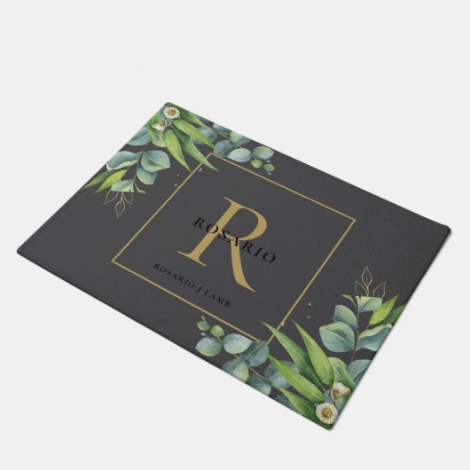 Gepersonaliseerd zwart goud monogram Eucalyptus bl Deurmat (Schuin)
