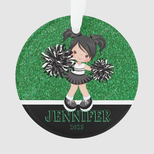Gepersonaliseerd Zwart & Groen Cheerleading Orname Ornament (voorkant)