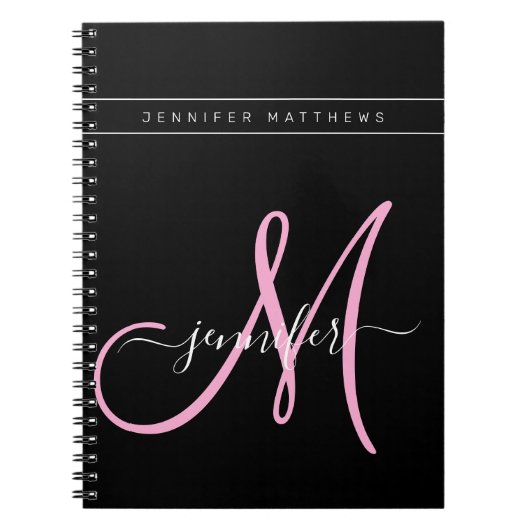 Gepersonaliseerd zwart handschrift zwart roze mono notitieboek (Voorkant)