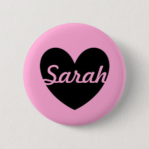 Gepersonaliseerd zwart hart op katoenroze snoep ronde button 5,7 cm