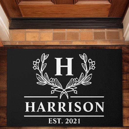 Gepersonaliseerd zwart laurier monogram deurmat