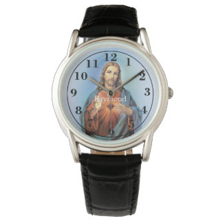 Gepersonaliseerd zwart lederen band horloge/Jesus Horloge