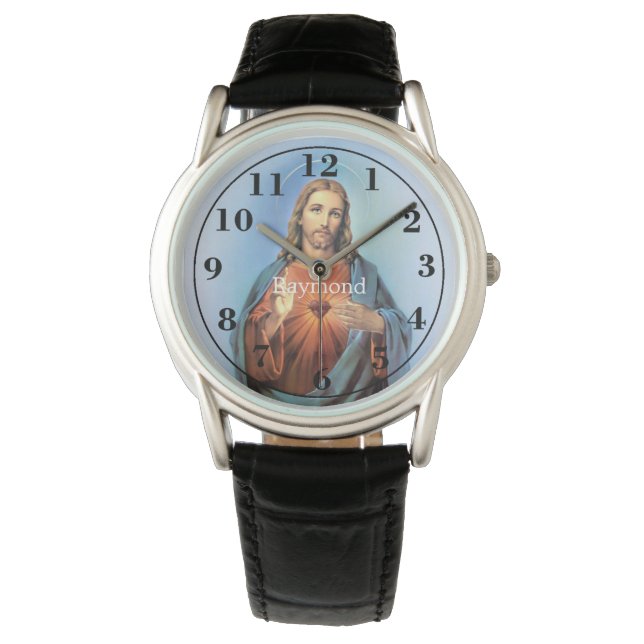 Gepersonaliseerd zwart lederen band horloge/Jesus Horloge (Voorkant)