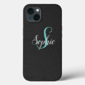Gepersonaliseerd zwart lederen-effect Monogrammen Case-Mate iPhone Case (Achterkant)