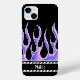 Gepersonaliseerd zwart met 3D Paarse vlammen & chr iPhone 15 Mini Hoesje
