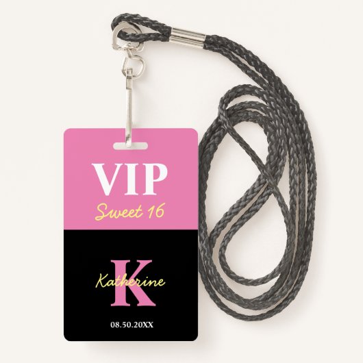 Gepersonaliseerd zwart, modern, 16 VIP Badge (Voorkant met draagriem)