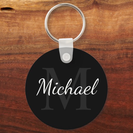 Gepersonaliseerd zwart monogram en naam sleutelhanger (Voorkant)