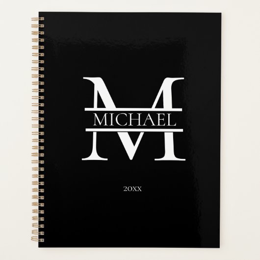Gepersonaliseerd zwart Monogram Initiaal Minimalis Planner (Voorkant)
