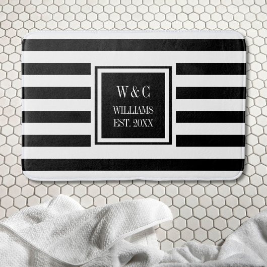 Gepersonaliseerd zwart monogram witte streep badmat