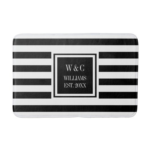 Gepersonaliseerd zwart monogram witte streep badmat (Voorkant)