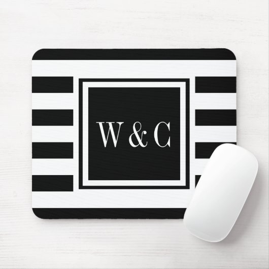 Gepersonaliseerd zwart monogram witte streep muismat (Met muis)