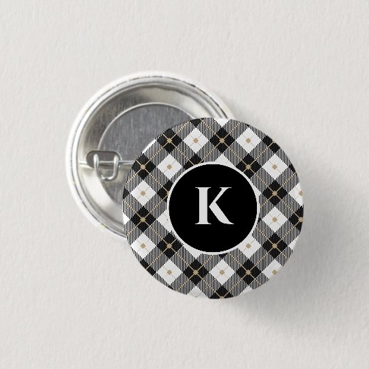 Gepersonaliseerd zwart monogram zwart-wit goud gep ronde button 3,2 cm (Voorkant /achterkant)
