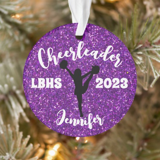 Gepersonaliseerd zwart & Paarse Cheerleading Ornam Ornament (Boom)