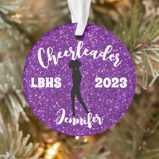 Gepersonaliseerd zwart & Paarse Cheerleading Ornam Ornament (Boom)