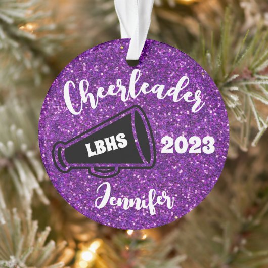 Gepersonaliseerd zwart & Paarse Cheerleading Ornam Ornament (Boom)