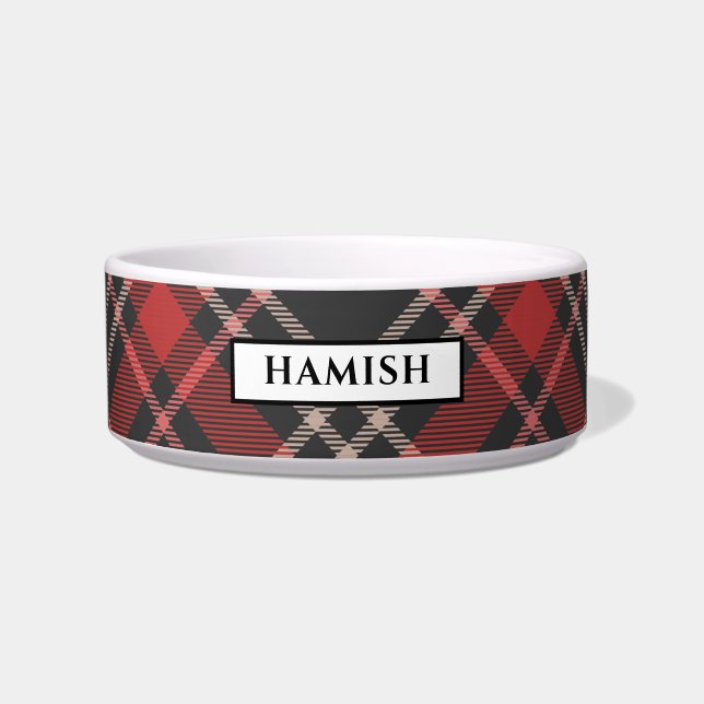 Gepersonaliseerd zwart rood en crème Tartan Patter Voerbakje (Voorkant)