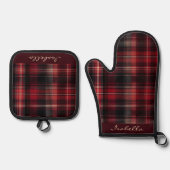 Gepersonaliseerd Zwart Rood Wit Schots Tartan Ovenwant & Pannenlap Set (Voorkant)
