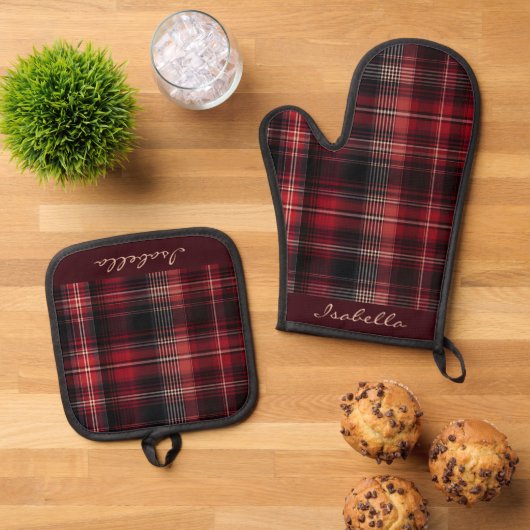 Gepersonaliseerd Zwart Rood Wit Schots Tartan Ovenwant & Pannenlap Set (Top down)