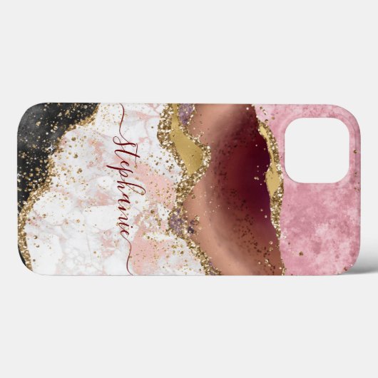 Gepersonaliseerd zwart Roos Gold Marble Glitter Ag Case-Mate iPhone Case (Achterkant (horizontaal))