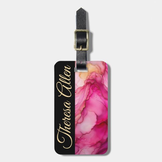 Gepersonaliseerd zwart & roze bagage label (Voorkant verticaal)