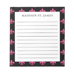 Gepersonaliseerd zwart roze fleur de lis patroon g notitieblok