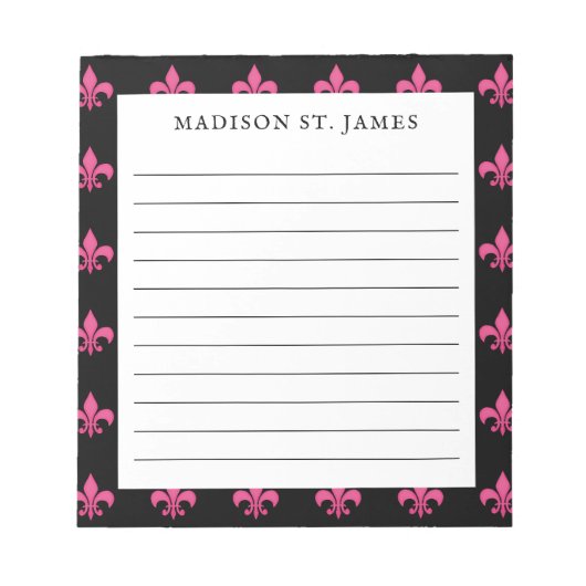 Gepersonaliseerd zwart roze fleur de lis patroon g notitieblok (Voorkant)
