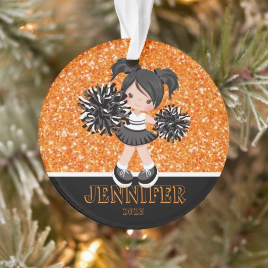 Gepersonaliseerd zwart & Sinaasappel Cheerleading Ornament (Boom)