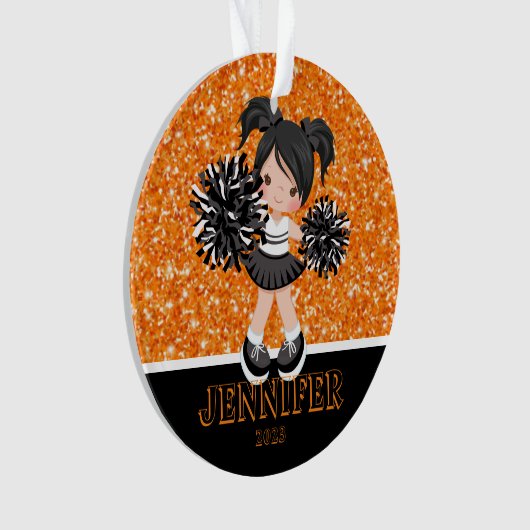 Gepersonaliseerd zwart & Sinaasappel Cheerleading  Ornament (voorkant)