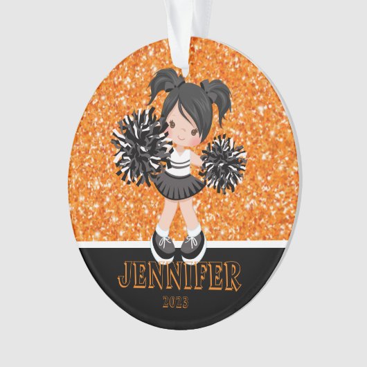 Gepersonaliseerd zwart & Sinaasappel Cheerleading  Ornament (voorkant)