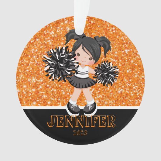 Gepersonaliseerd zwart & Sinaasappel Cheerleading  Ornament (voorkant)