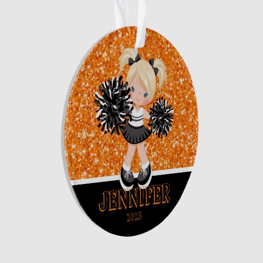 Gepersonaliseerd zwart & Sinaasappel Cheerleading  Ornament (voorkant)
