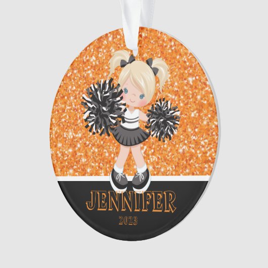 Gepersonaliseerd zwart & Sinaasappel Cheerleading  Ornament (voorkant)