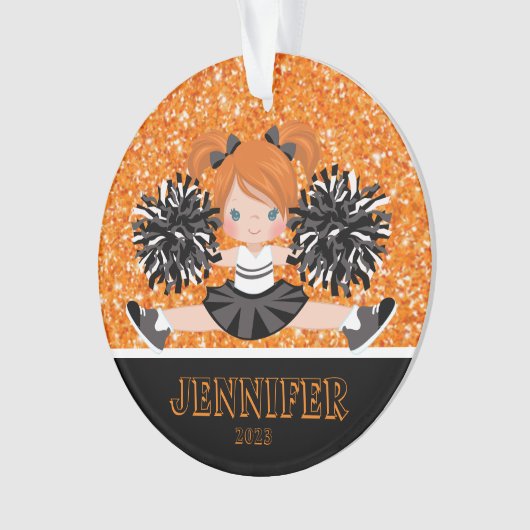 Gepersonaliseerd zwart & Sinaasappel Cheerleading  Ornament (voorkant)