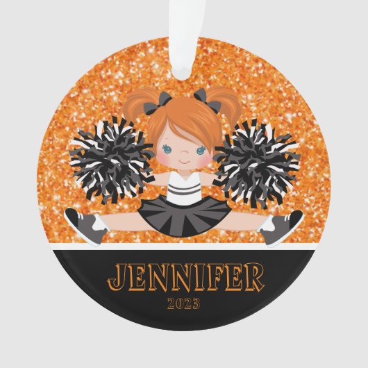 Gepersonaliseerd zwart & Sinaasappel Cheerleading  Ornament (voorkant)