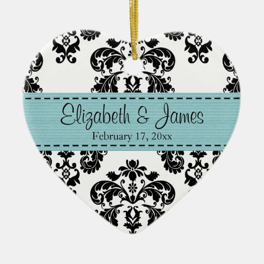 Gepersonaliseerd zwart-wit blauw Damask Wedding Fa Keramisch Ornament (Voorkant)