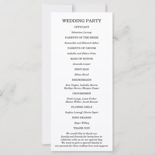 Gepersonaliseerd zwart-wit bruiloft programma (Achterkant)