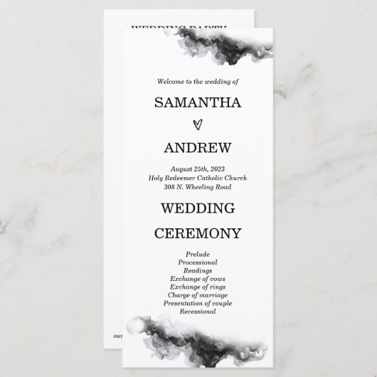 Gepersonaliseerd zwart-wit bruiloft programma (Voorkant / Achterkant)